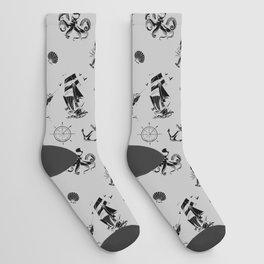Light Grey And Black Silhouettes Of Vintage Nautical Pattern Socks