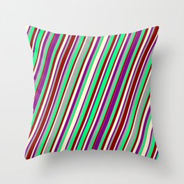 [ Thumbnail: Colorful Dark Gray, Green, Dark Red, Light Yellow, and Purple Colored Lined/Striped Pattern Throw Pillow ]