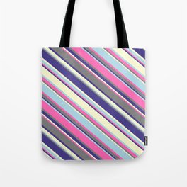 [ Thumbnail: Colorful Hot Pink, Gray, Dark Slate Blue, Light Yellow, and Light Blue Colored Stripes/Lines Pattern Tote Bag ]