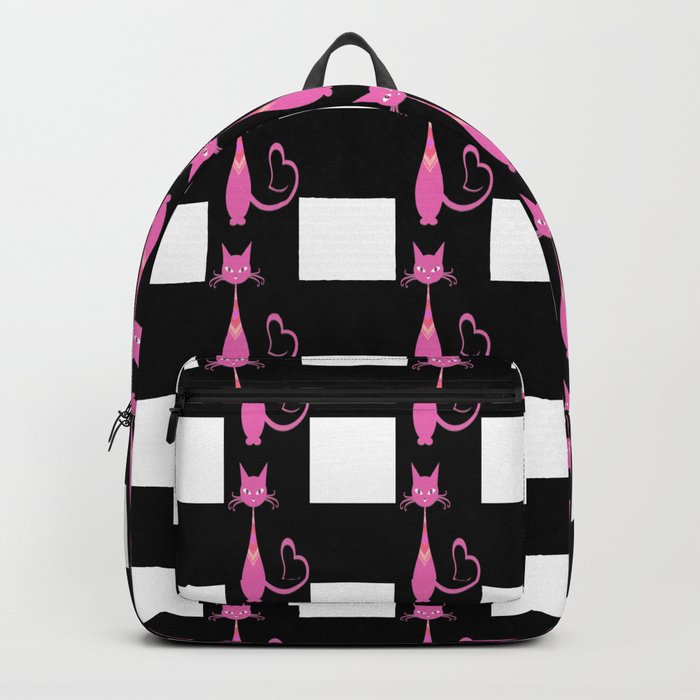 Pink Cat And Black Buffalo Plaid,Valentine Black Plaid Pattern, Pink Cat Pattern, Backpack