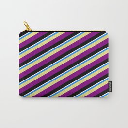 [ Thumbnail: Vibrant Blue, Tan, Purple, Black, and White Colored Pattern of Stripes Carry-All Pouch ]