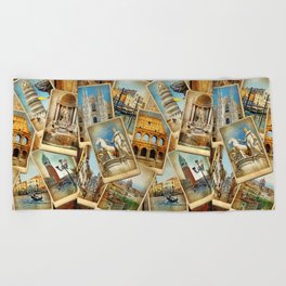 Travel in Italy -vintage photo album collage photos. Travel concepts background Beach Towel