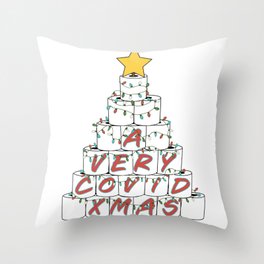 A Very Rona Xmas Funny 2020 Toilet Paper Roll Christmas Tree with Retro Colored Stringer Lights and a Gold Star Topper Throw Pillow