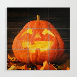 Halloween Pumpkin with Leaves on Wooden Background Wood Wall Art