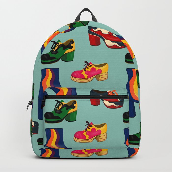 Seventies shoes- teal background Backpack