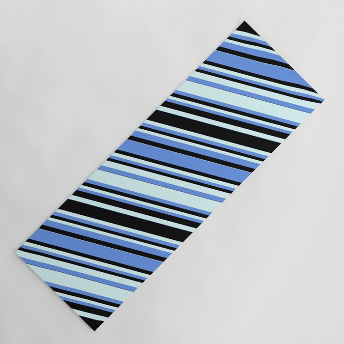 Cornflower Blue, Black, and Light Cyan Colored Striped Pattern Yoga Mat