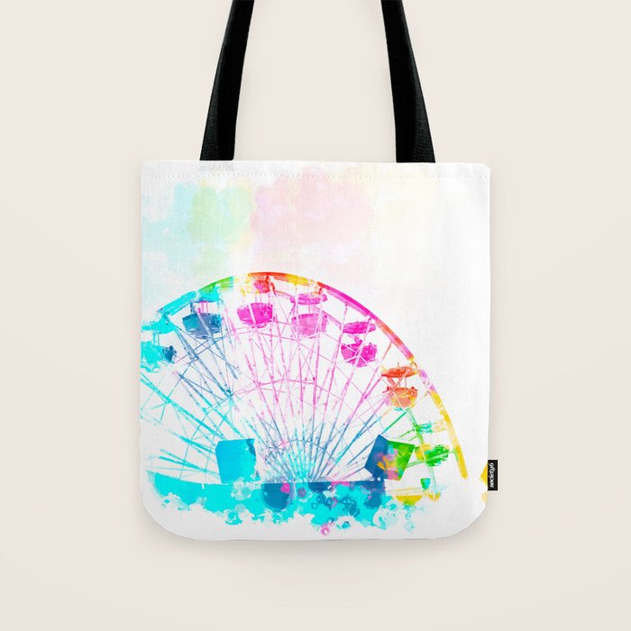 Ferris Wheel In The City With Colorful Painting Abstract In Blue Pink Yellow Green Tote Bag By Timla Society6