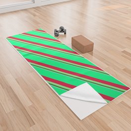 [ Thumbnail: Vibrant Green, Crimson, Light Green, Forest Green & Light Blue Colored Striped/Lined Pattern Yoga Towel ]