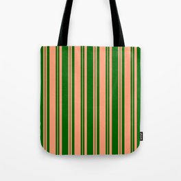 [ Thumbnail: Dark Green and Light Salmon Colored Lines Pattern Tote Bag ]