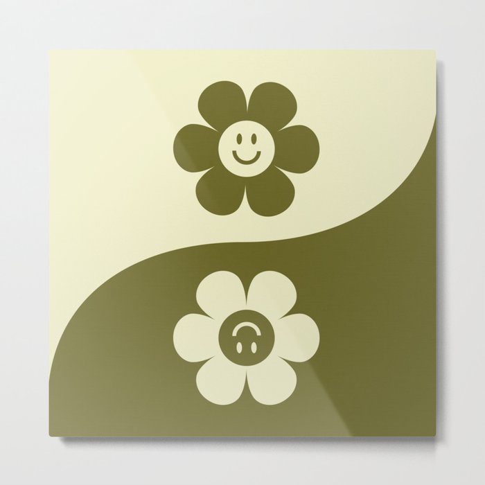 Yin yang retro floral smiley # matcha latte Metal Print