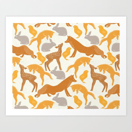 Deer Fox Rabbit Chick Playing Art Print