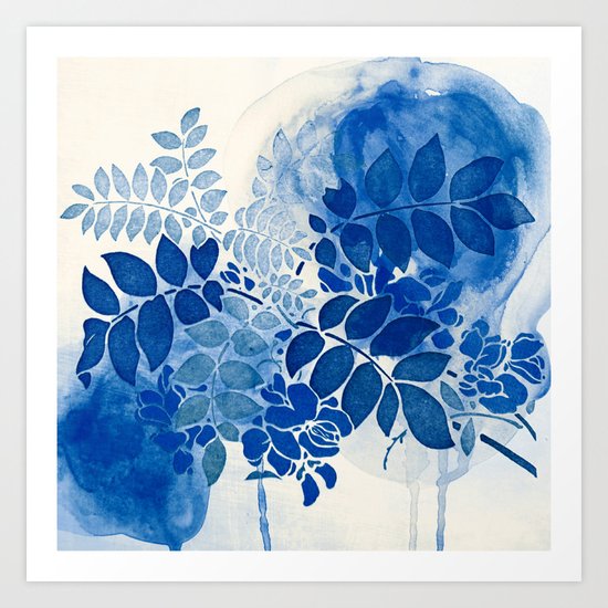 monochrome floral in blue Art Print