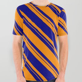[ Thumbnail: Dark Orange & Blue Colored Lined/Striped Pattern All Over Graphic Tee ]