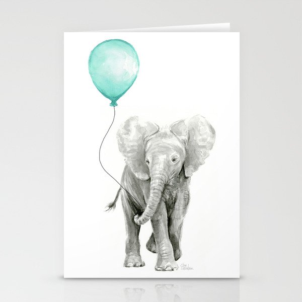 Baby Elephant with Aqua Balloon Stationery Cards