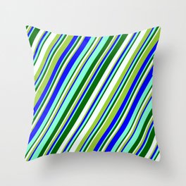 [ Thumbnail: Eyecatching Green, Blue, Aquamarine, Dark Green, and Mint Cream Colored Stripes Pattern Throw Pillow ]