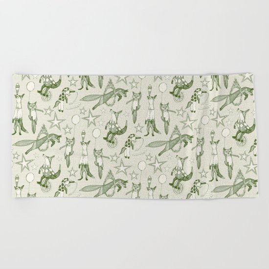 foxy circus green ivory Beach Towel