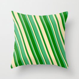 [ Thumbnail: Sea Green, Green & Beige Colored Striped/Lined Pattern Throw Pillow ]