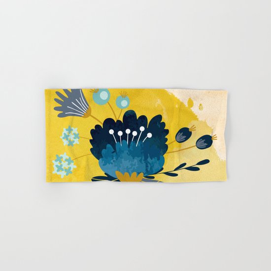 Yellow Acuarela Blue Flower Hand & Bath Towel