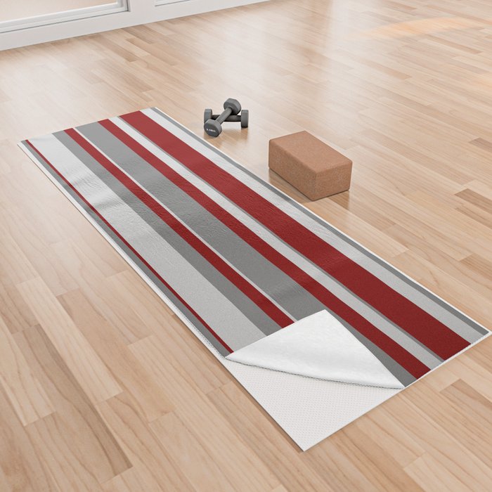 Grey, Light Grey & Maroon Colored Stripes Pattern Yoga Towel