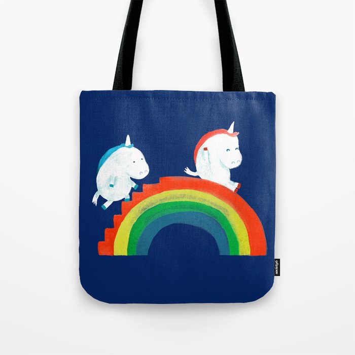 Unicorn on rainbow slide Tote Bag