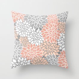 Dahlia Floral Blooms, Peach and Gray Throw Pillow