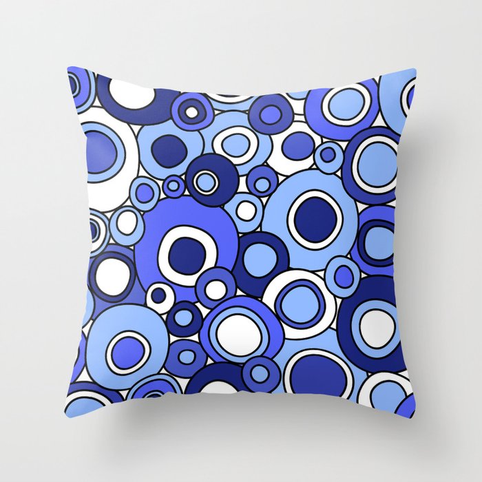 Blue Mid Century Modern Circles // Cobalt Blue, Sky Blue, Navy Blue, Denim Blue, Black and White Throw Pillow