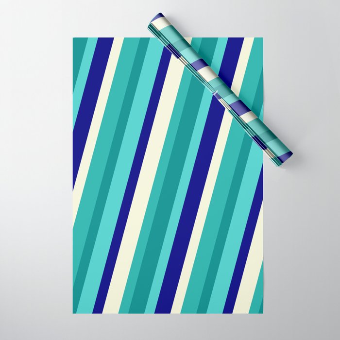 Eye-catching Light Sea Green, Dark Cyan, Turquoise, Blue, and Beige Colored Stripes/Lines Pattern Wrapping Paper