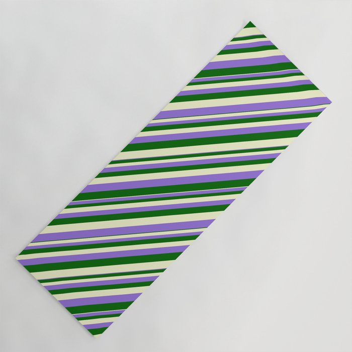 Purple, Dark Green, and Light Yellow Colored Stripes Pattern Yoga Mat