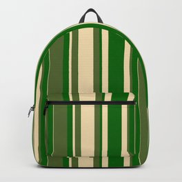 [ Thumbnail: Dark Olive Green, Tan, and Dark Green Colored Lined/Striped Pattern Backpack ]