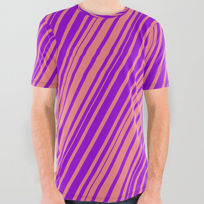 Light Coral & Dark Violet Colored Lines/Stripes Pattern All Over Graphic Tee