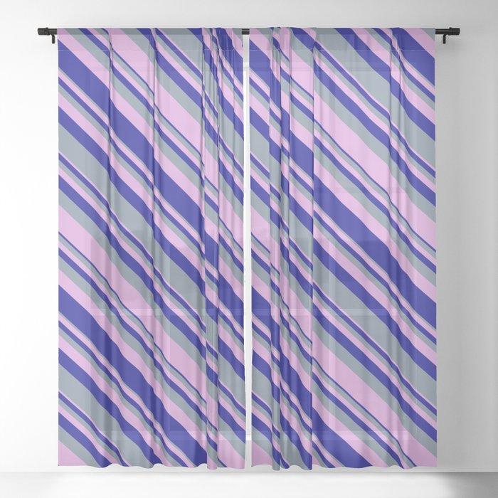 Light Slate Gray, Plum, and Dark Blue Colored Lines/Stripes Pattern Sheer Curtain