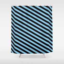 [ Thumbnail: Black and Sky Blue Colored Lined Pattern Shower Curtain ]