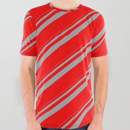 [ Thumbnail: Dark Grey and Red Colored Lined Pattern All Over Graphic Tee ]