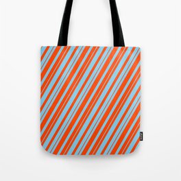 [ Thumbnail: Sky Blue and Red Colored Lined Pattern Tote Bag ]