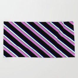 [ Thumbnail: Eyecatching Blue, Light Cyan, Gray, Orchid & Black Colored Lines Pattern Beach Towel ]