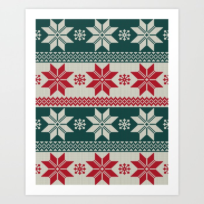 Winter Holiday Fair Isle Knitted Snowflake Pattern Art Print