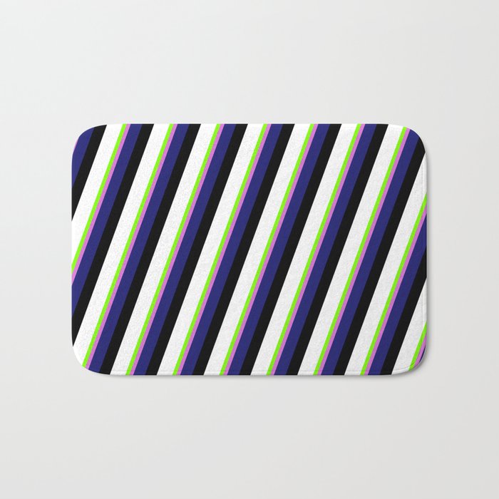 Eyecatching Chartreuse, Orchid, Midnight Blue, Black, and White Colored Lines/Stripes Pattern Bath Mat