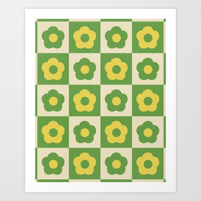 70s Retro Daisy Check Checker Green Yellow Art Print