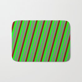 [ Thumbnail: Dark Red, Lime, and Gray Colored Stripes Pattern Bath Mat ]