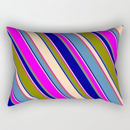 [ Thumbnail: Blue, Dark Blue, Tan, Fuchsia, and Green Colored Stripes/Lines Pattern Rectangular Pillow ]