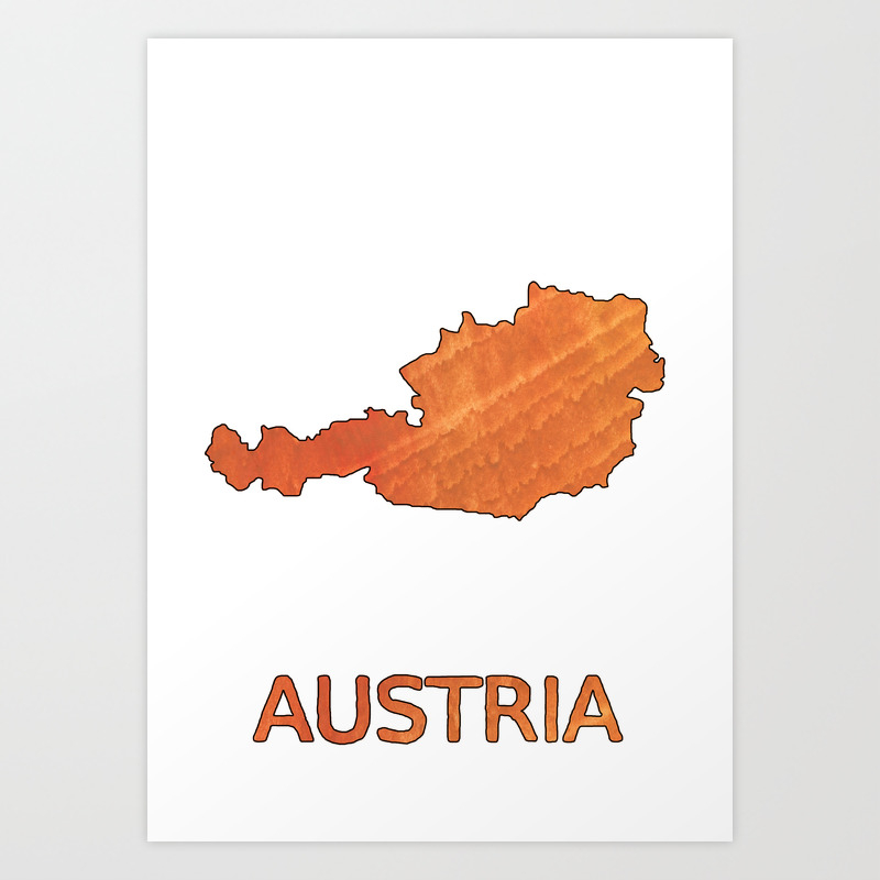 Austria Map Outline Sunny Orange Clouded Watercolor Art Print By Genrus Society6