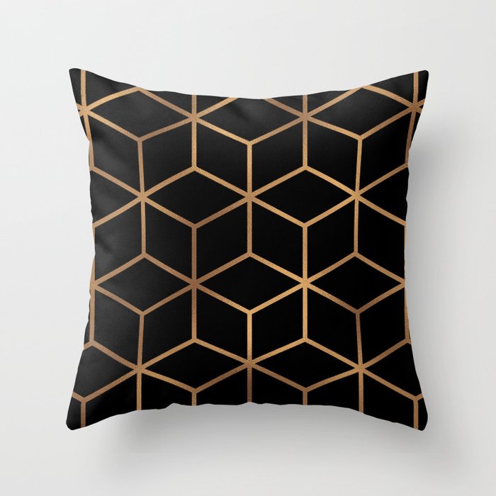Black and Gold - Geometric Cube Design Throw Pillow