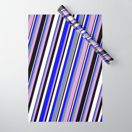 [ Thumbnail: Blue, Light Slate Gray, Plum, Black & White Colored Stripes/Lines Pattern Wrapping Paper ]