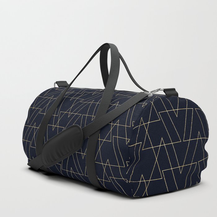 Modern gold geometric abstract triangles on navy blue pattern Duffle Bag