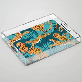 leopards in tropical forest - orange and dark blue Acrylic Tray
