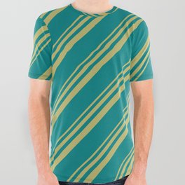 [ Thumbnail: Dark Khaki and Teal Colored Stripes/Lines Pattern All Over Graphic Tee ]