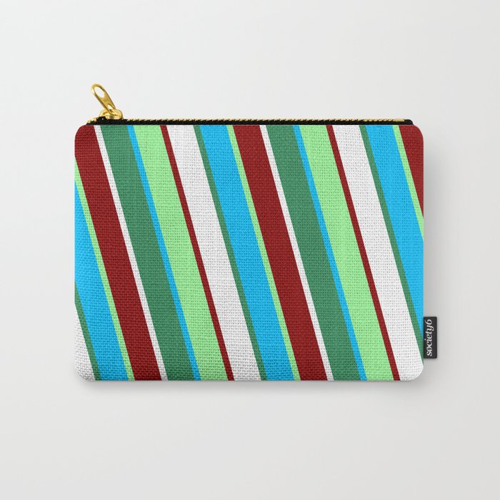 Vibrant Green, Deep Sky Blue, Sea Green, White & Dark Red Colored Lines Pattern Carry-All Pouch