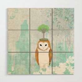 BONSAI Owl  in a secret garden with blooming white lilies. Wood Wall Art