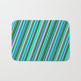 [ Thumbnail: Eye-catching Cyan, Royal Blue, Light Pink, Sea Green & Green Colored Striped Pattern Bath Mat ]