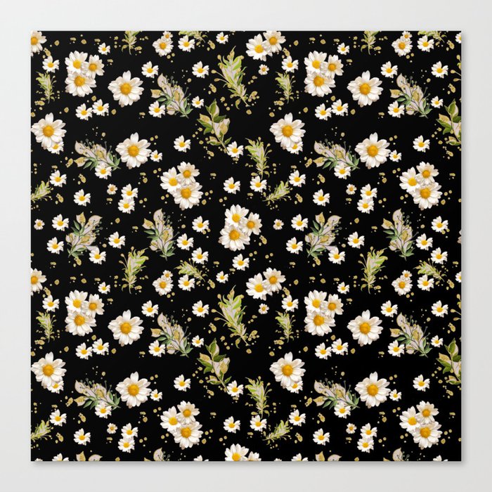 White Daisies Floral Field Pattern Seamless Cottagecore Midnight Black Background Canvas Print